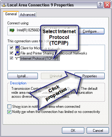 Local area connection properties window